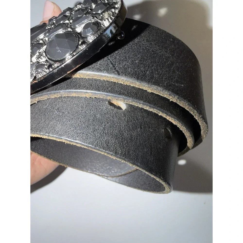 Express Black Leather Black‎ Rhinestone Buckle Cowboy Western Belt Women's Sz S